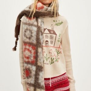 Free People Cream Waffle Knit Long Sleeve with House Embroidery